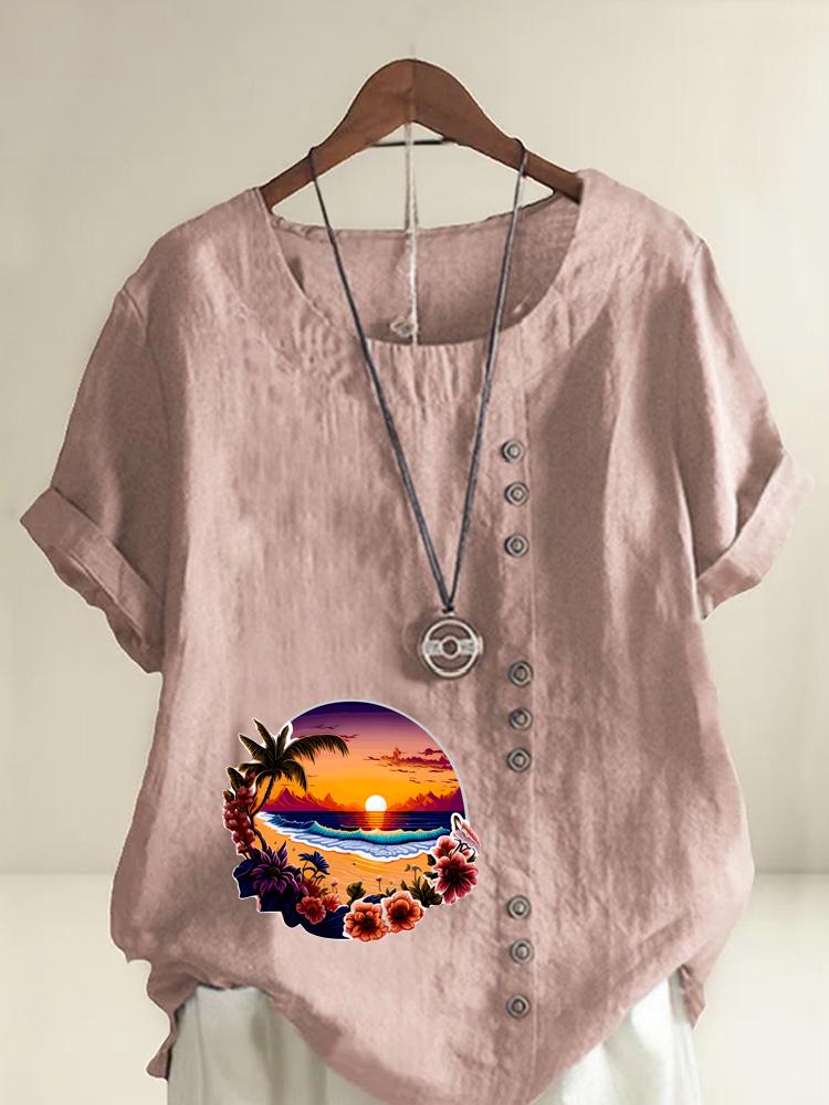

Women s Fashion Landscape Pattern Print Round Neck Short Sleeve T-shirt Summer Casual Cotton Linen Graphic Shirt Leisure Loose Blouse Tops S