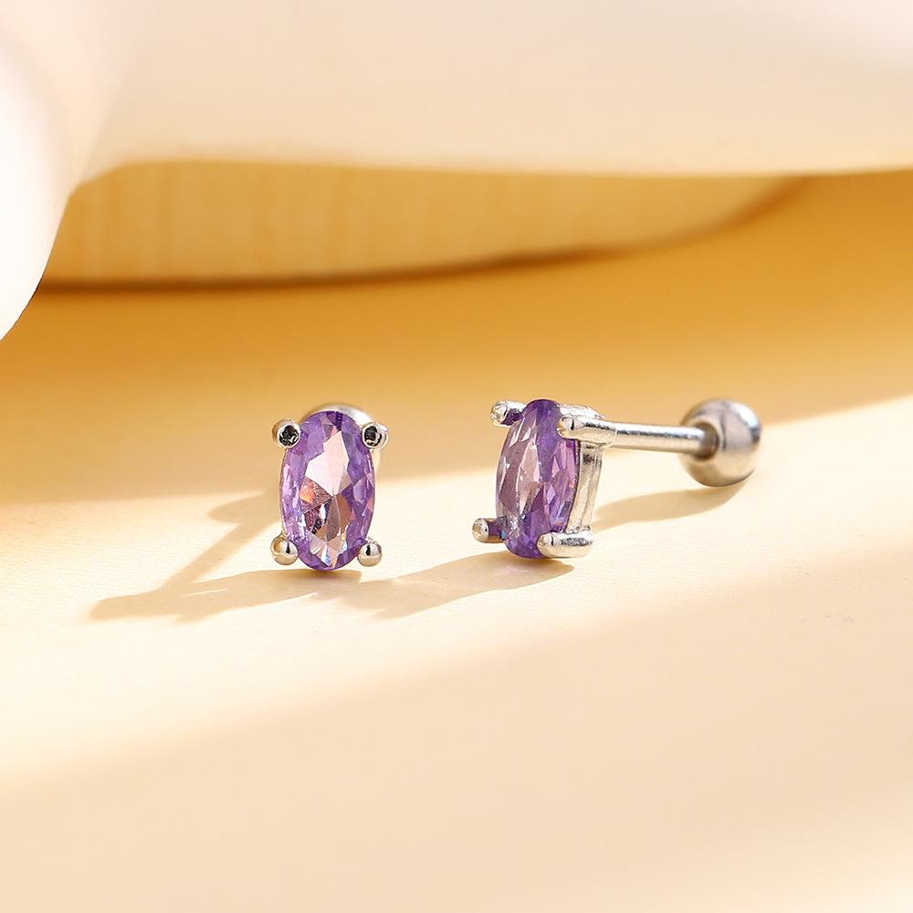 Purple Zircon Four-Claw Stud Earrings Screw Beads Temperament Small Personality Sweet Purple Diamond Oval Screw Earrings