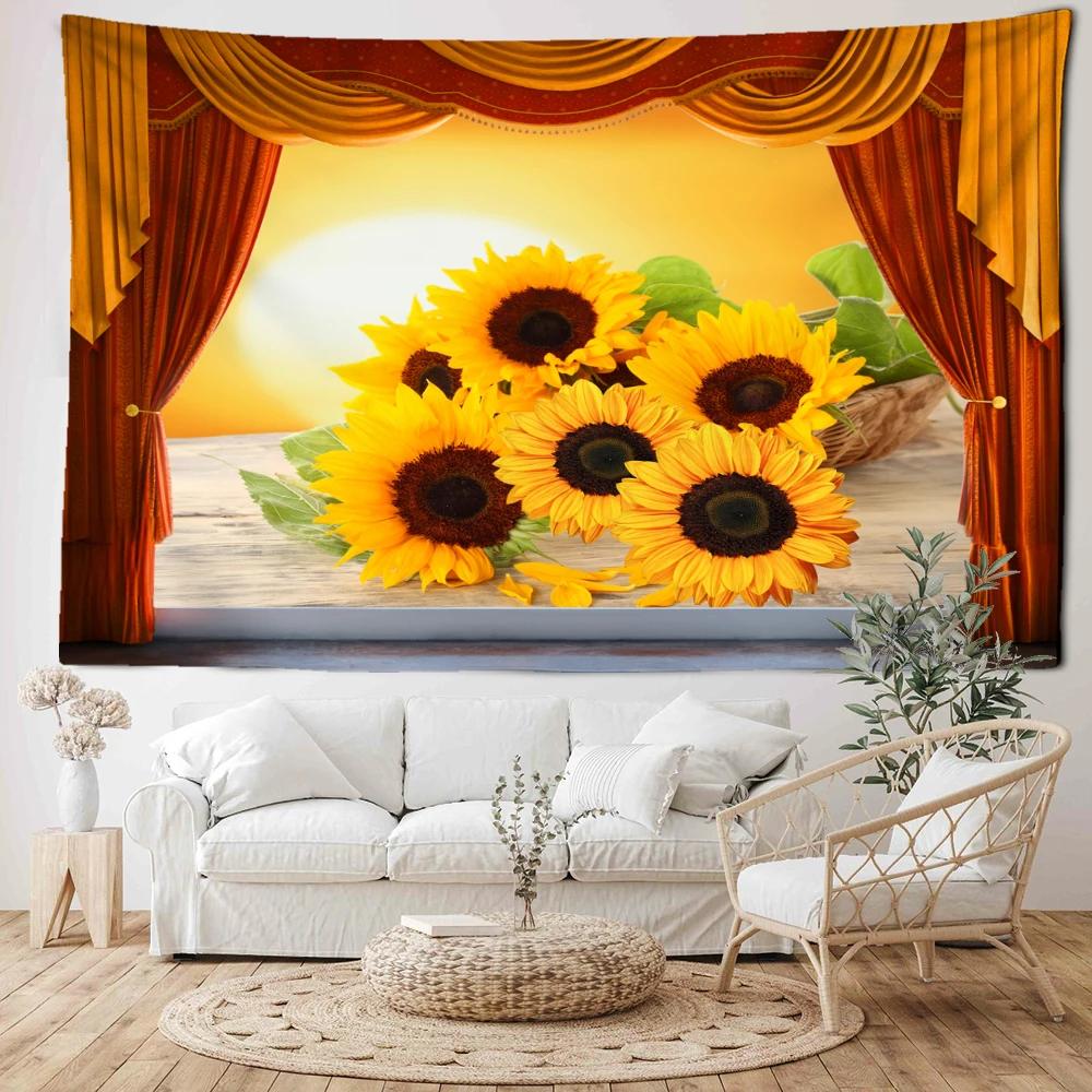 Sunflower Landscape Window Tapestry Wall Hanging Natural Minimalist Art Bohemian Hippie Living Room Bedroom Home Decor