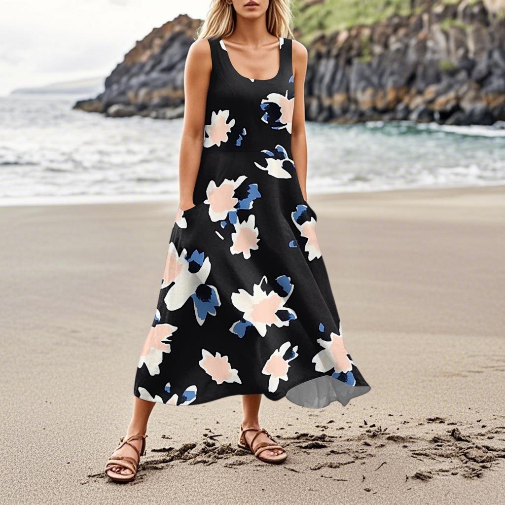 Damenmode Sommer Lässig Ärmellos Floral Bedruckt Kleine Tasche Kleider