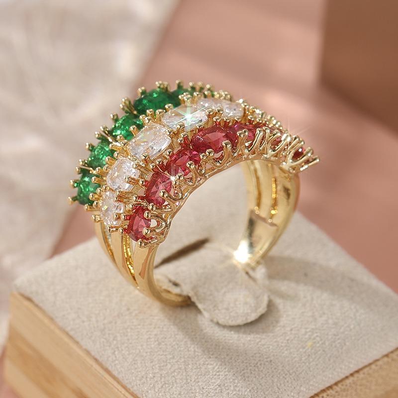Fashion Gold Color Inlaid Green Red White CZ Women's Ring Geometry Daily Wear Party Jewelry