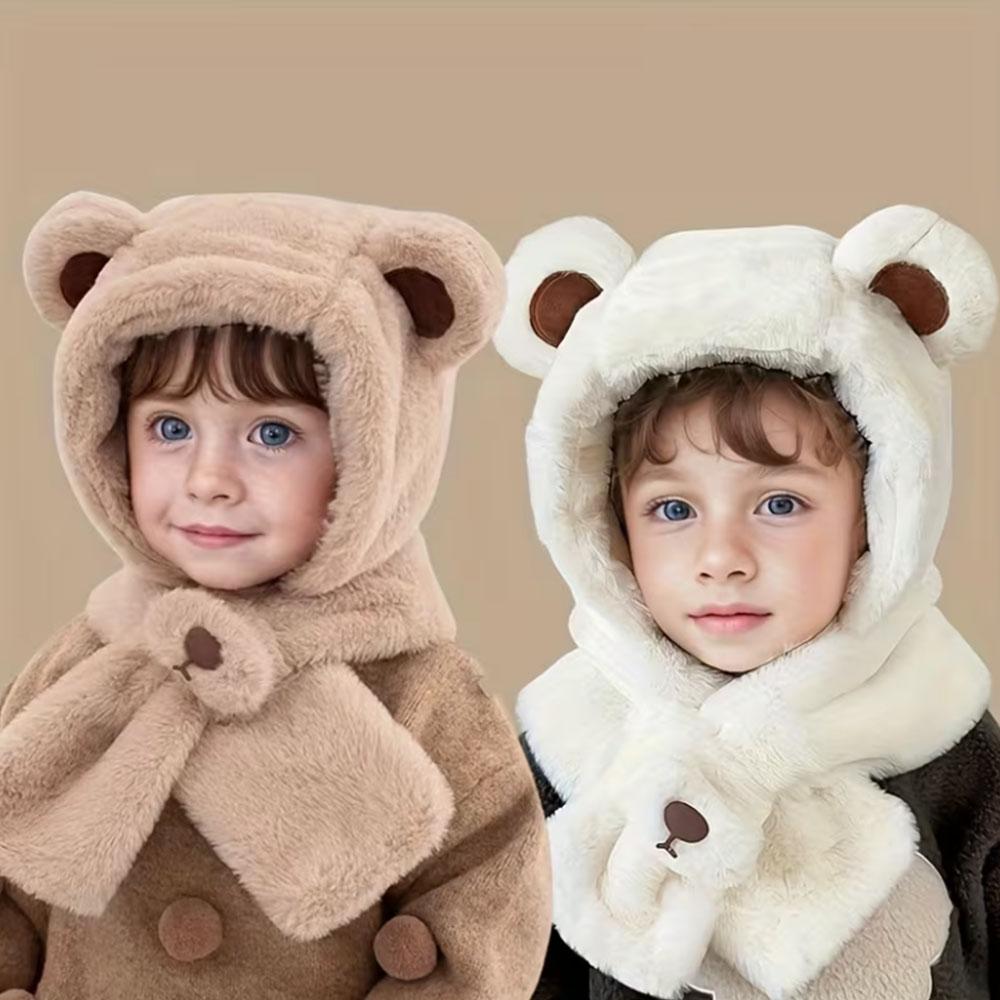 2-6Y Kids Cartoon Bear Hooded Hat and Scarf Combo - Thickened Warm Ear Protection for Skiing, Parties, Outdoor Activities