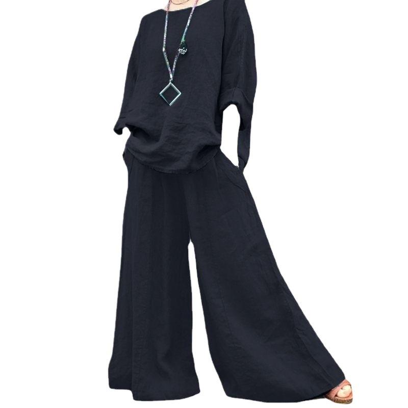 Plus Size Casual Cotton Linen Long Sleeve Sportswear Set