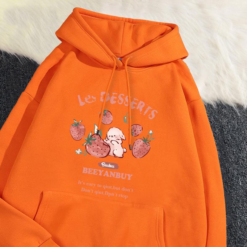 Cute Strawberry And Rabbit Printed Sweatshirt Pocket Soft Warm Breathable Pullover Autumn Winter Hoody
