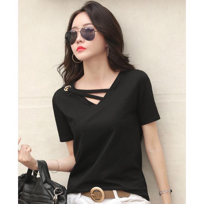 Korean Style V-Neck Black Loose Casual Summer T-Shirt for Women