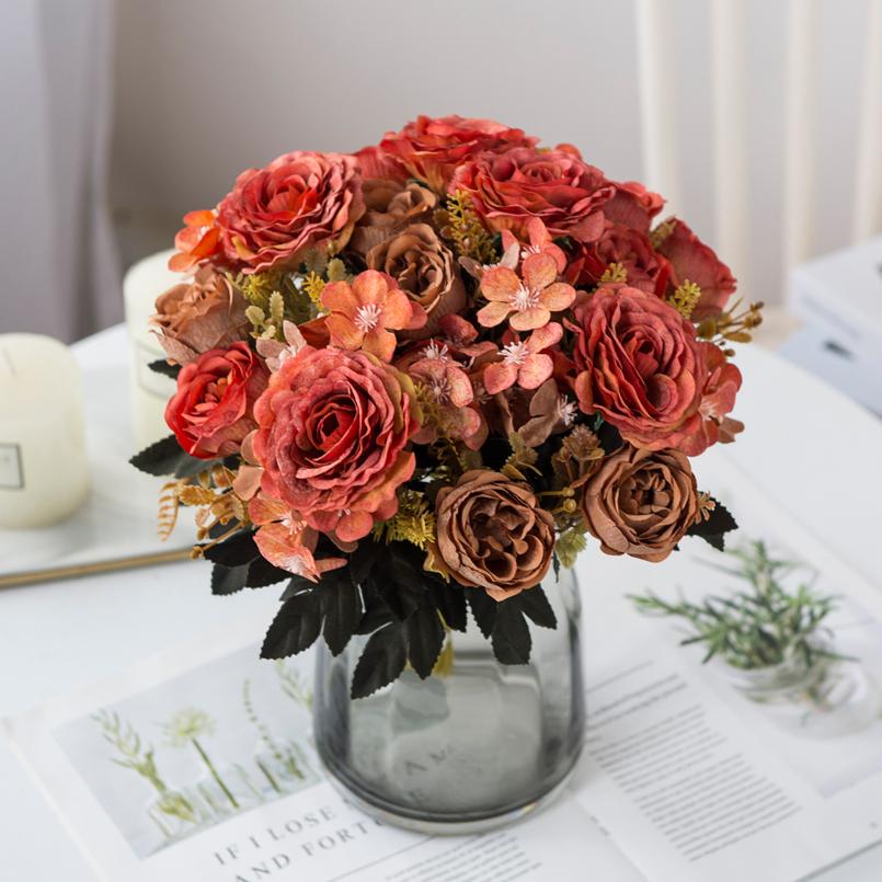 Artificial Flowers Silk Roses Bride Bouquet Home Decor Autumn Wedding Accessories Clearance Garden Fake Peony Hydrangea Art Wall