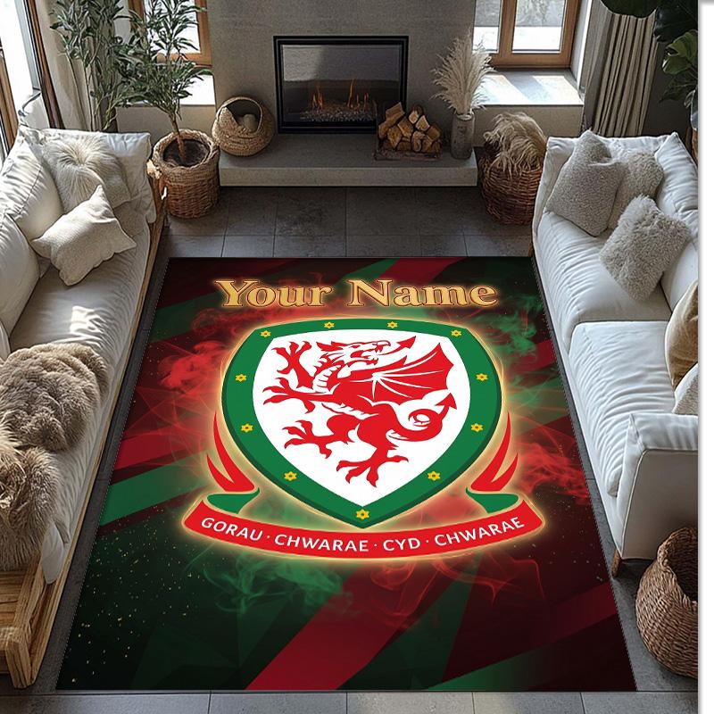 Wales Rugby Crystal Velvet Rug, Custom Name Text Personalized Non‑Slip Floor Mat for Home Decor Gift