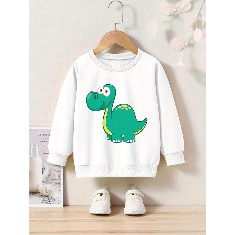 Kids Dinosaur Graphic Crew Neck Sweatshirt - Casual Pullover with Applique, Regular Fit, Slight Stretch - Perfect for Spring/Fall Season