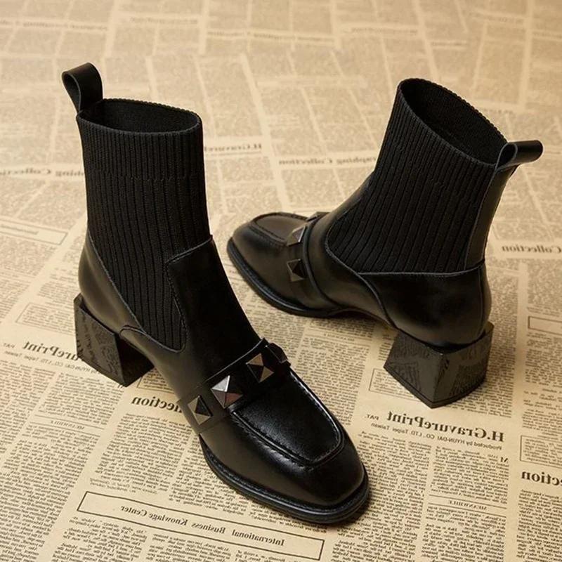 Square High Heel Women Stretch Socks Boots Fashion Slip On Shoes Retro Style Autumn Winter Square Toe Ladies Short Booties