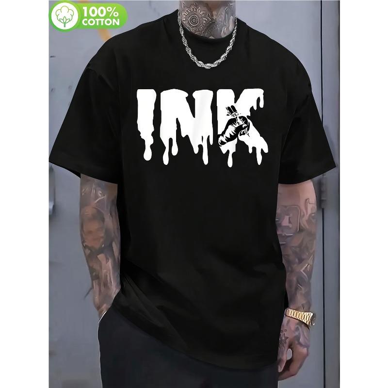 European Size Men s Tattoo T-shirt - Heavy Cotton Print Design-Black Crewneck Jacket, Suitable for Tattoo Studio,Leisure Street Style-Machine Washable S чёрный