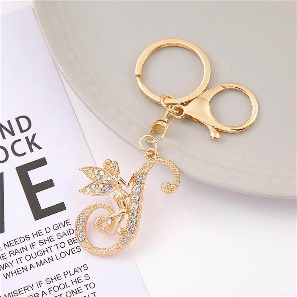 A-Z Rhinestone Elf Girl Letter Keychain Gold Color Initial Name Keyrings Girls Car Key Holder Handbag Purse Charms Decoration