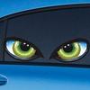 Two Imaginative Vehicle Decals Featuring Bright Three-Dimensional Green Cat-Like Eyes That Seem To Be Watching