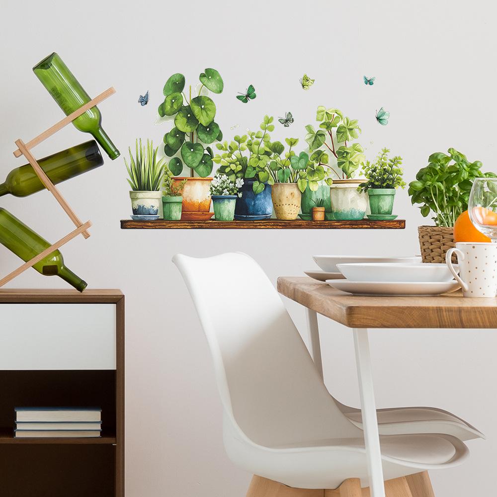 Painted Green Plant Potted Plants and Butterfly Stickers for Wall Decoration and Beautification In Dining Rooms, Bathrooms and Homes