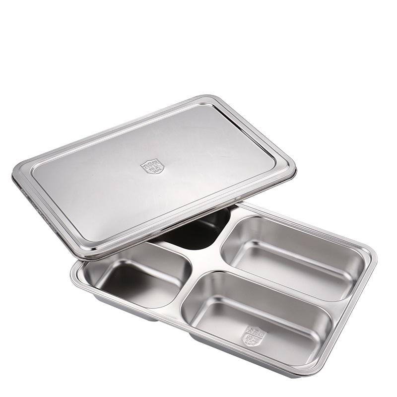 304 Stainless Steel Compartment Tray with Lid: Rectangular Fast Food and Canteen Rice Tray, Chinese Style