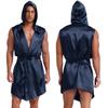 Mens Shiny Satin Hooded Pajamas Boxing Robe with Belt Soft Nightgown Bathrobe Sleepwear Sissy Nightwear Dressing Gown 2pcs