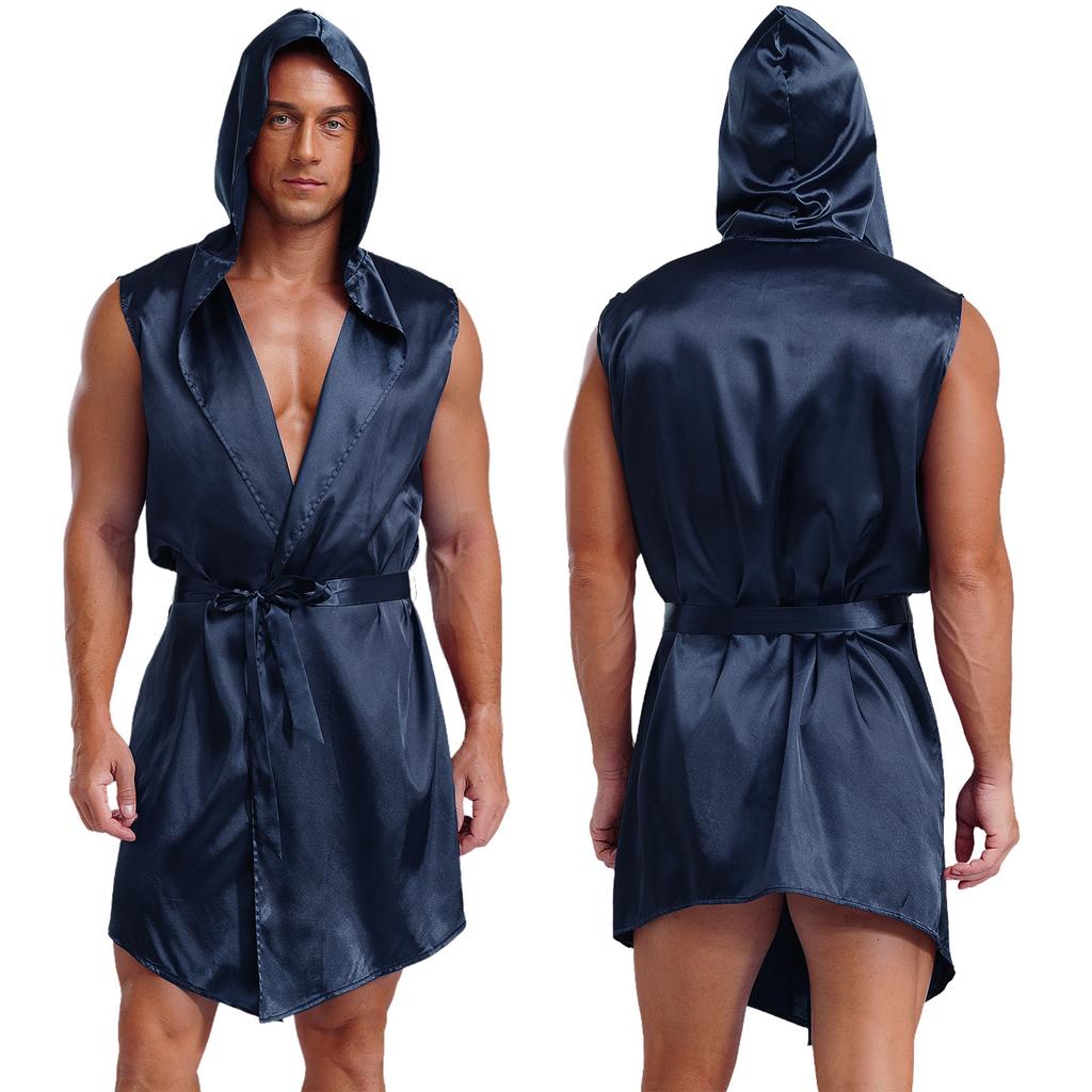 Mens Shiny Satin Hooded Pajamas Boxing Robe with Belt Soft Nightgown Bathrobe Sleepwear Sissy Nightwear Dressing Gown 2pcs