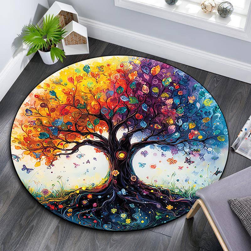 Colorful Tree Round Area Rug,Carpet Rug for Living Room Bedroom Sofa Playroom Decor,Non-slip Floor Mat