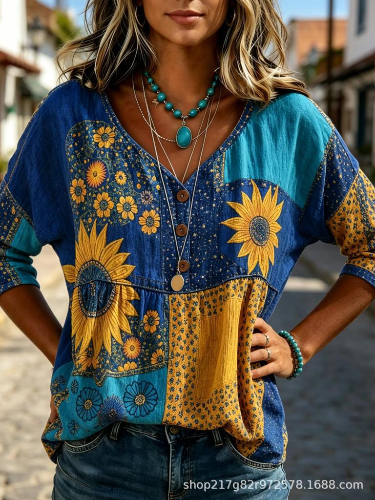 Sommer Damen T-Shirt V-Ausschnitt Lässig Siebenärmel Hemd D Bedrucktes Böhmisches Oberteil