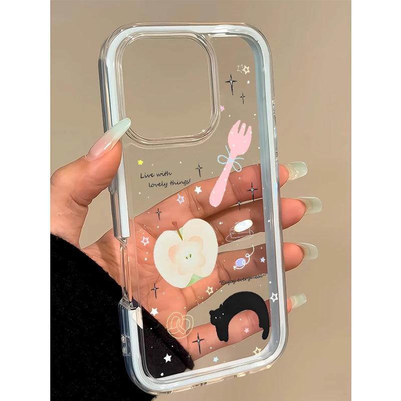 Green Apple Pink Fork Black Cat Applicable iPhone17Pro Mobile Phone Case 16 2-in-1 14/15 Girl 13 Transparent