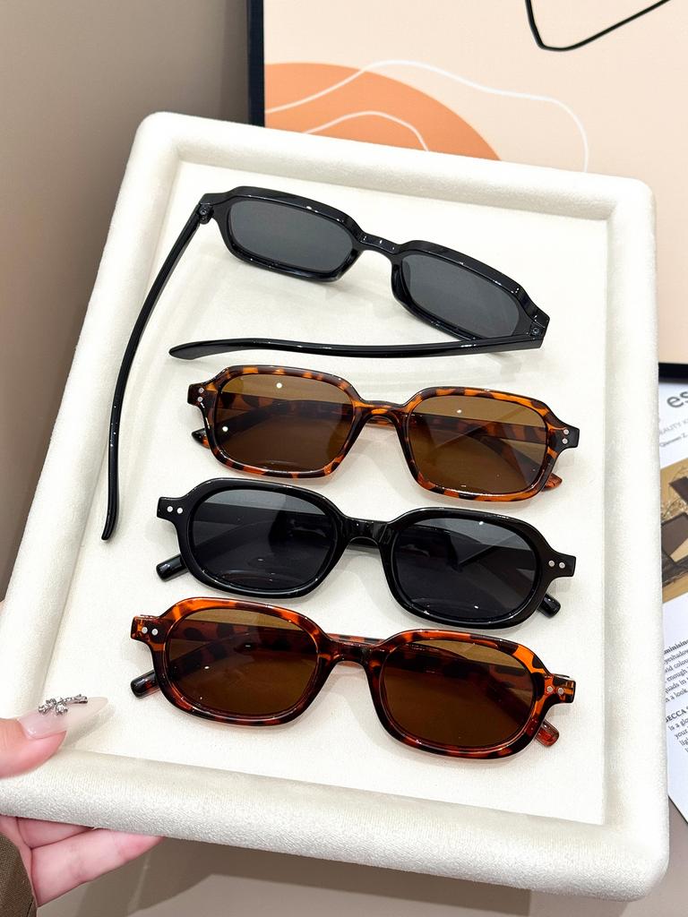 4Pcs Fashionable Square Frame Sunglasses Set with Classic Black Frame & Retro Leopard Print for Daily Commuting and Casual Wear