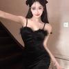 Autumn and Winter Pure Desire Style Hottie Sexy Velvet V-neck Suspender Hip Skirt Children's Red Christmas Fluff Dress