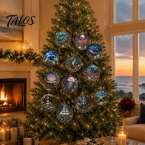 Festive Home Decoration 12PCS Christmas Tree 2D Flat Pendant, Pearl Acrylic Art Kits, Bright Fireplace Holiday Decor Color Classic Patterns