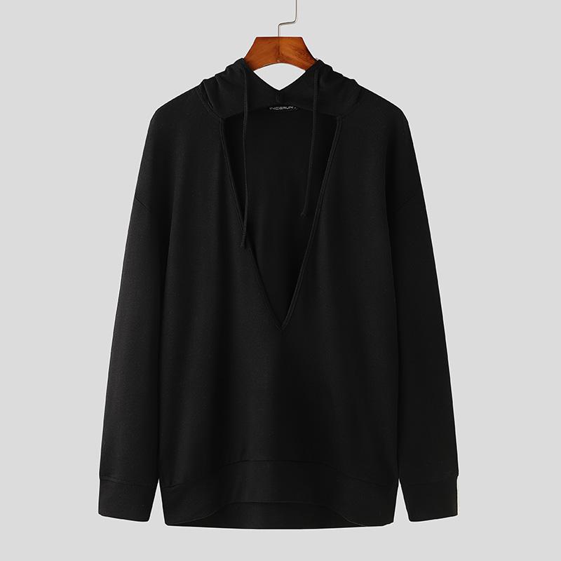 

INCERUN Мужские повседневные толстовки с капюшоном и длинным рукавом, пуловеры с глубоким V-образным вырезом L чёрный