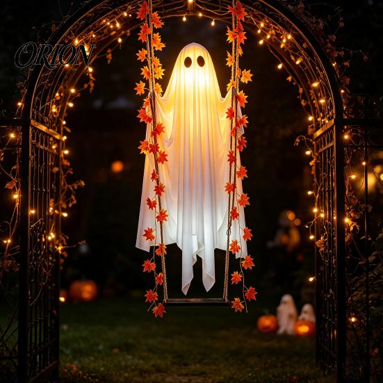 Fantasma da Appendere con Luci LED Fantasma Oscillante di Halloween, Foglia d'Acero Oscillante Illuminata Decorazioni per Giardino Cortile Vite e Telecomando per