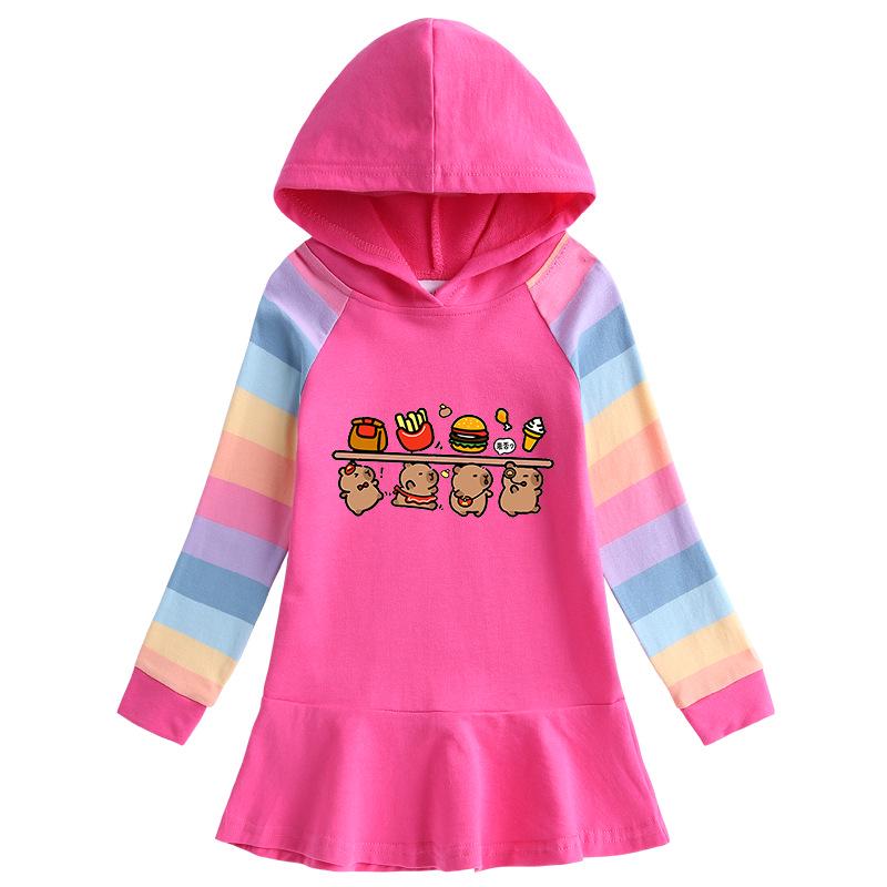 Ruffle Cartoon Rainbow Hoodie Dress - Girls' Long Sleeve Princess Style