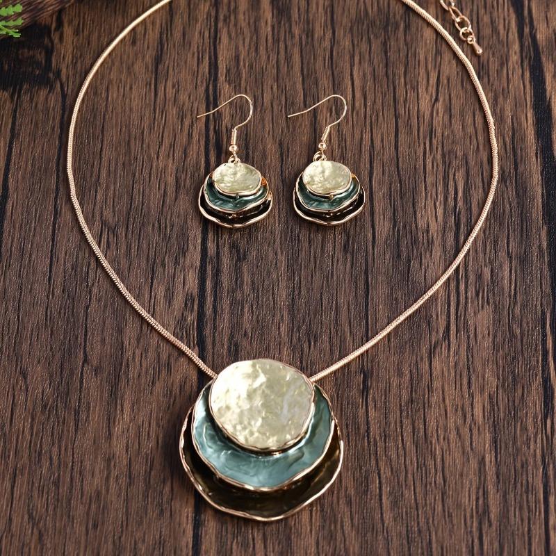 2Pcs/set Multilayer Pendant Jewelry Vintage Boho Jewelry Set Zinc Alloy Enamel Multilayer Round Pendant Necklace and Earrings Elegant Fashion
