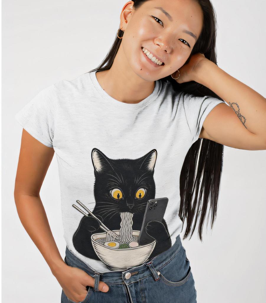 Black Cat Ramen Shirt | Funny Cat Eating Noodles Tee | Japanese Food Lover Gift