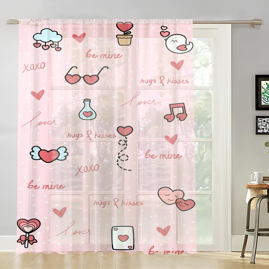 1PC Pink Love Heart Cartoon Sheer Curtain Valentine Romantic Window Drape Light Filtering for Bedroom Living Room Home Decor