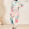 Women Plus Size Round Neck Long Sleeve Printed Longline Top Fitted Pants Two Piece Set