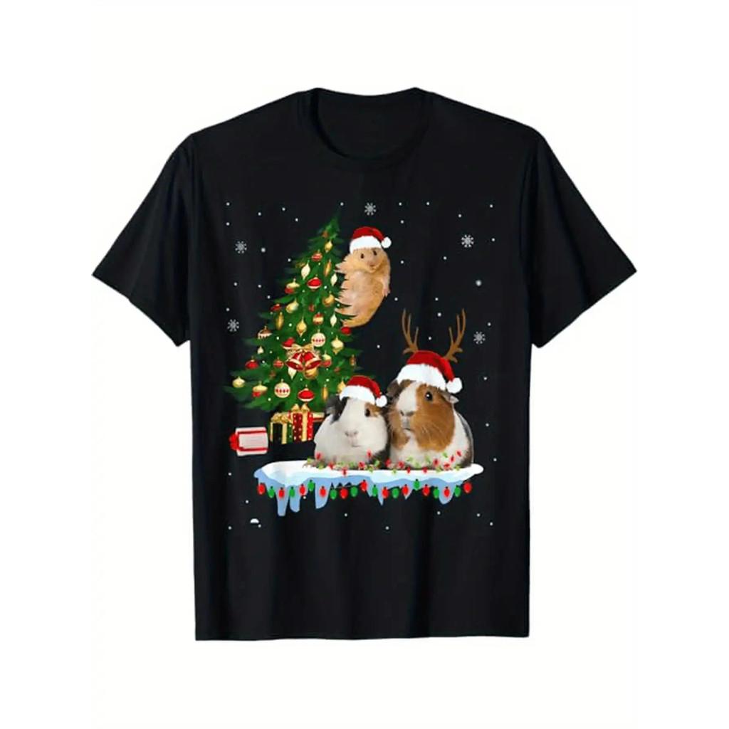 

Christmas T-shirt - holiday hat and Christmas tree design, comfortable holiday home wear 5XL