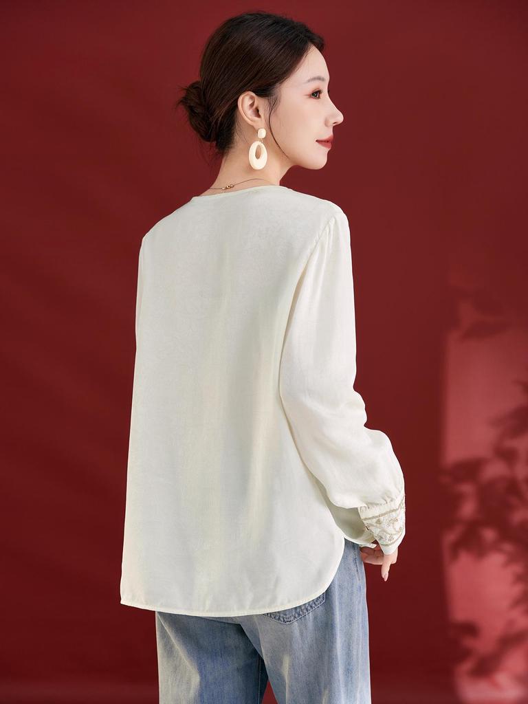 New Autumn Silk Velvet Chinese Style Women's Round Neck Long Sleeve Shirt