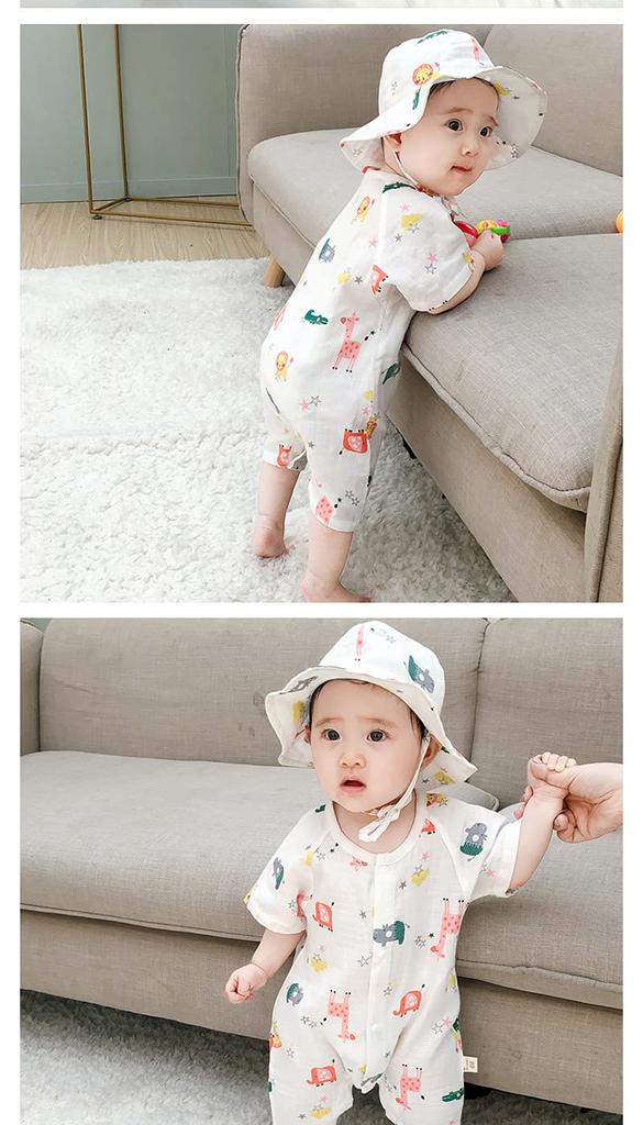 Baby Clothes Romper Short Sleeve Summer Front Open Gauze Coveralls Boys Girls Baby Gift Giraffe Pattern 73cm