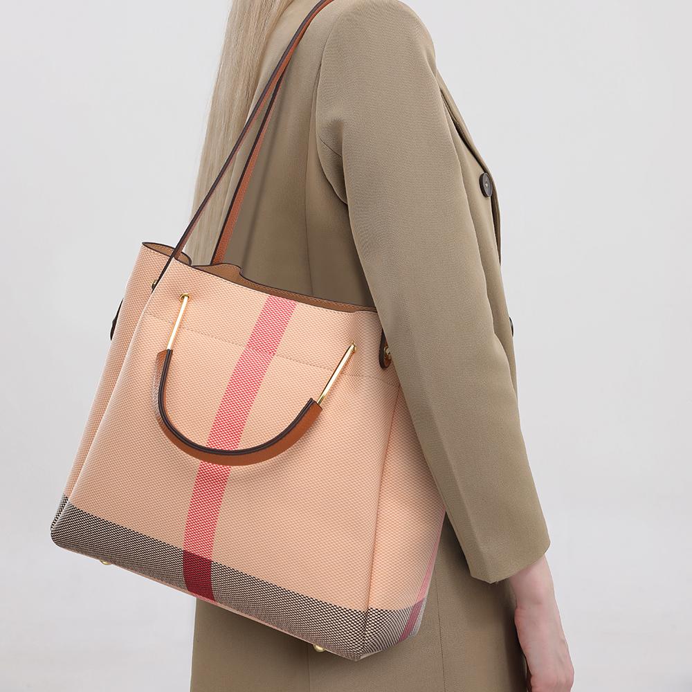 European and American Popular Large Capacity Tote Bag Spring New Fashion Pink Grid Women's Bucket Bag High Grade Texture PU Leather Ladies Handbags
