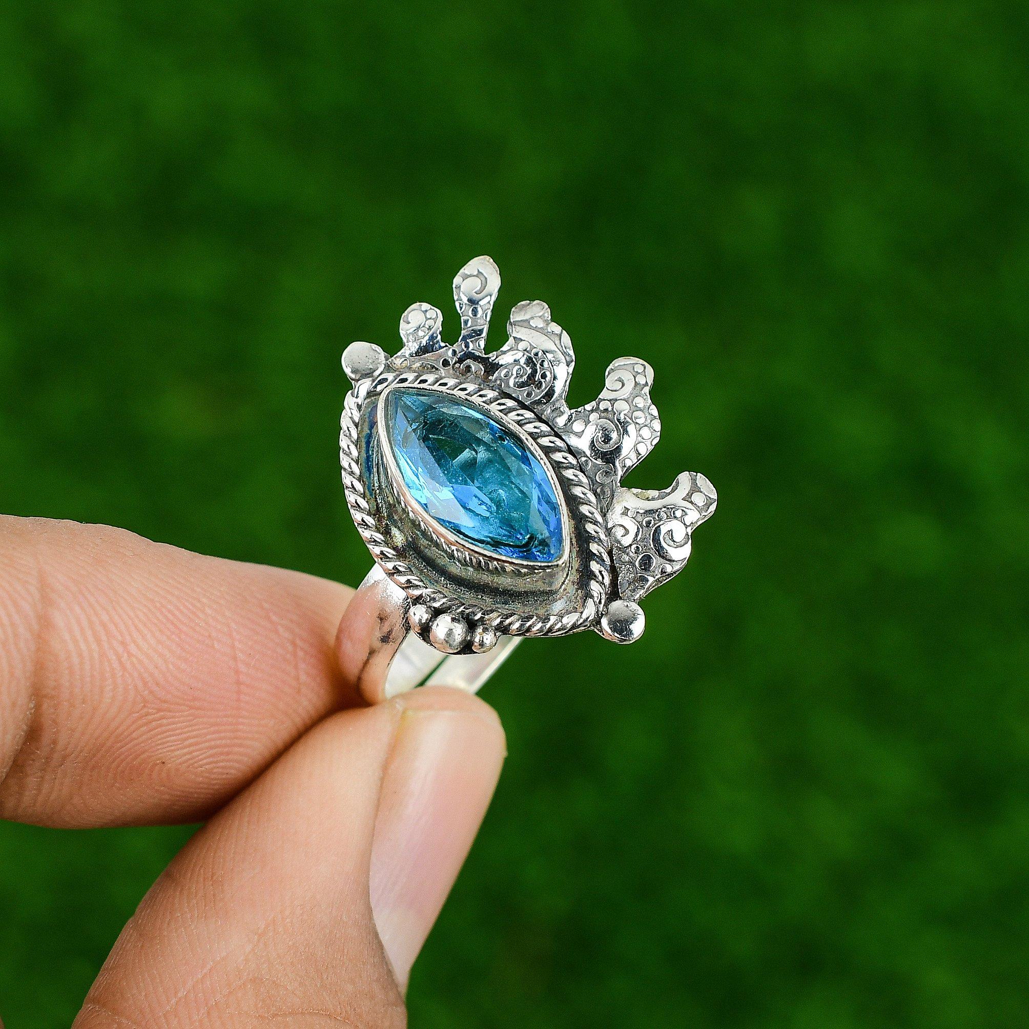 

День матери Сделка Серебро 925 пробы Швейцарский голубой топаз Драгоценный камень Кольцо обещания жене Adjustable