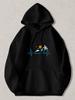 Black Pullover Hoodie with Tropical Heartbeat Graphic Featuring Sunset Palm Trees Dolphin And Seagulls On Blue ECG Line Casual Str