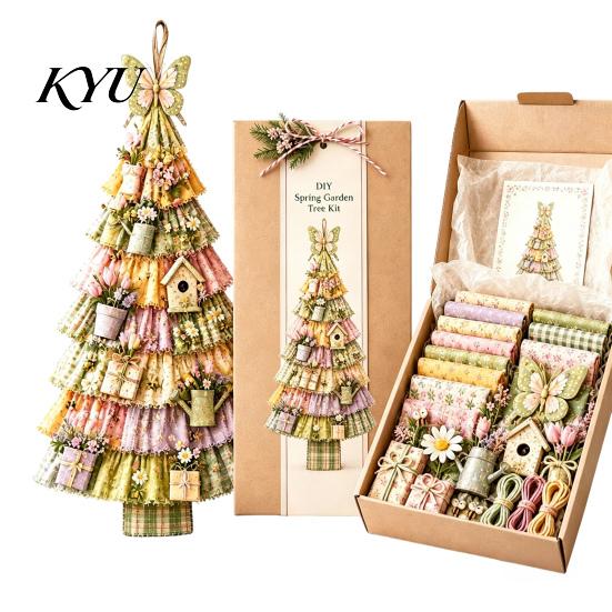 Accroche Murale Festive pour la Maison DIY Kit d'Assemblage Arbre de Noël Patchwork Surdimensionné, Ensemble d'Assemblage Tissu à Carreaux Rétro Décoration avec Ornements pour la Décoration des Fêtes Et