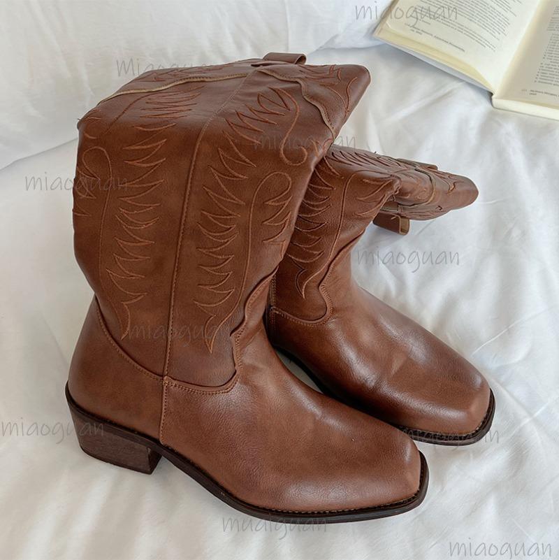 Vintage Totem Print Side Zip Pu Riding Boots Women Medium Heel Western Boots Women 2025 Winter Sexy Knee High Shoes