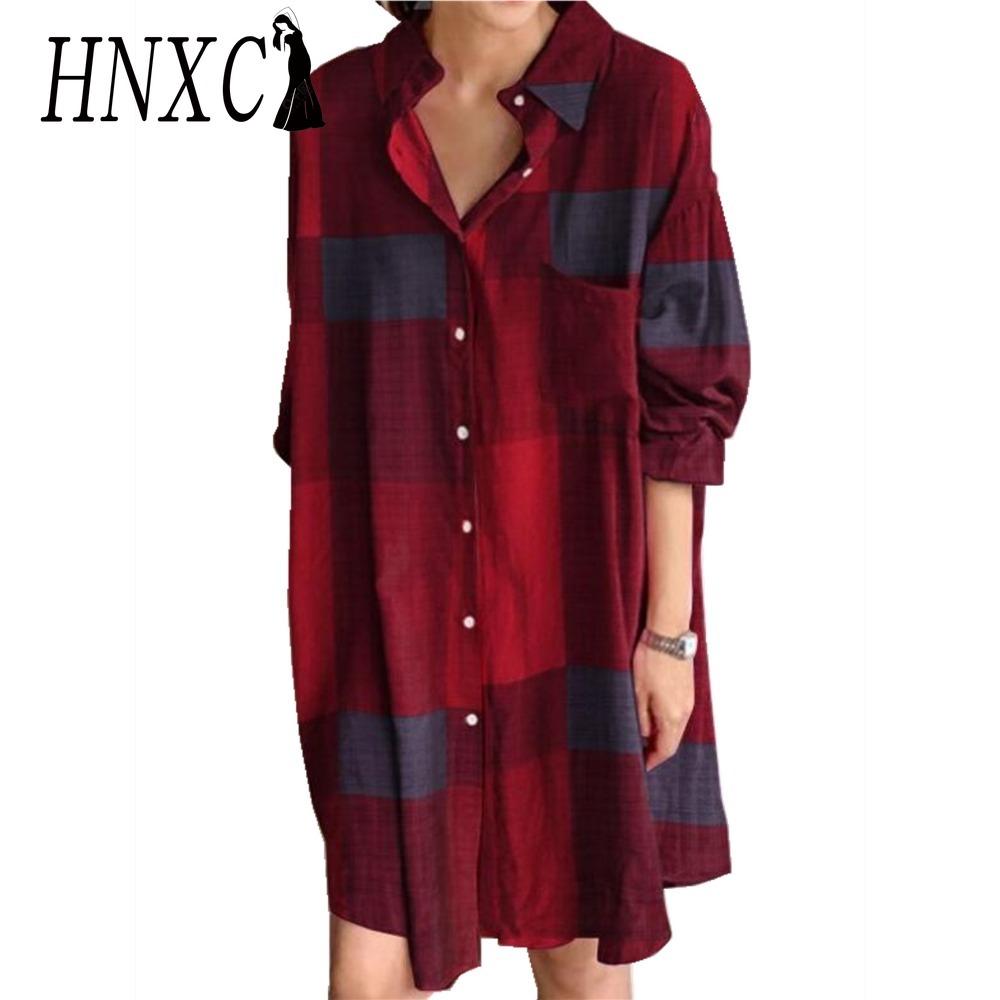 

HNXC Женское платье-рубашка с отложным воротником и длинными рукавами, летняя мода, платье с принтом в клетку S красный
