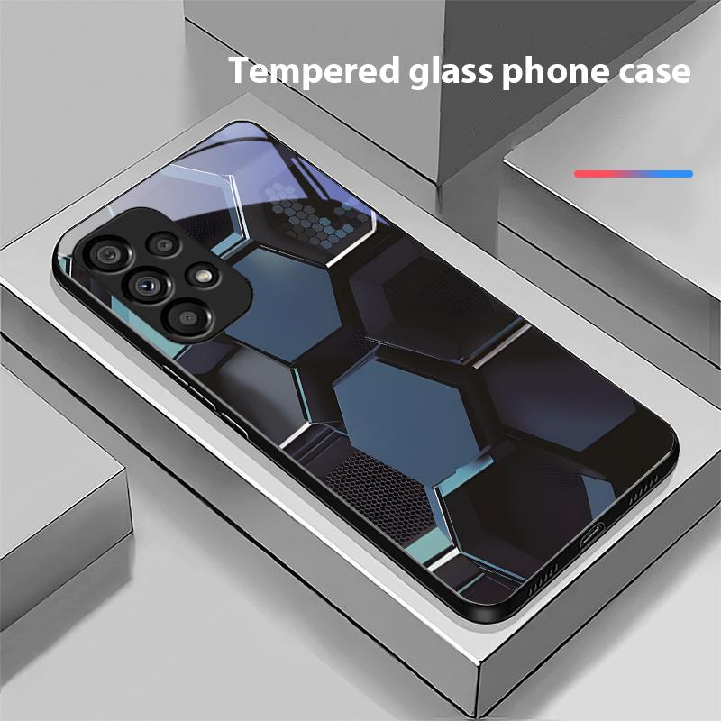 Honeycomb Texture For Samsung Galaxy S10 S20 Plus S21 FE S22 S23 S24 FE S25 Ultra Black Tempered Glass Phone Case Hard Shell