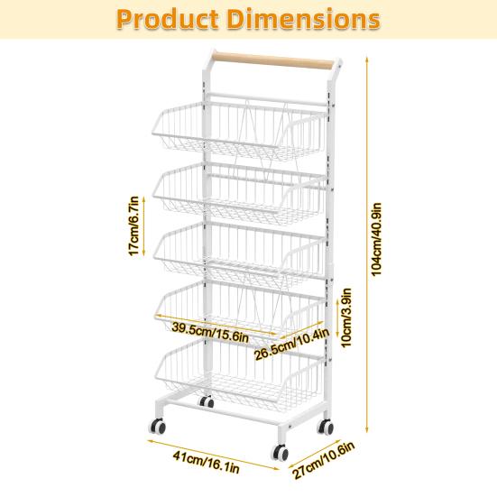 Fruit Vegetable Basket, 5-Tier Adjustable Rolling Pantry Kitchen Cart On Wheels, Metal Wire Storage Basket Cart for Fruit, Potato, Onion, Vegetable,