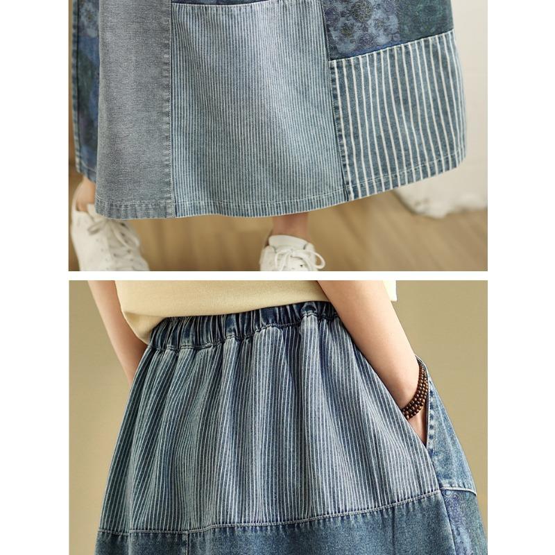 Plus Size Summer Denim Skirts Women Clothing Blue Elastic Vintage A-Line Jeans Skirt High Waist