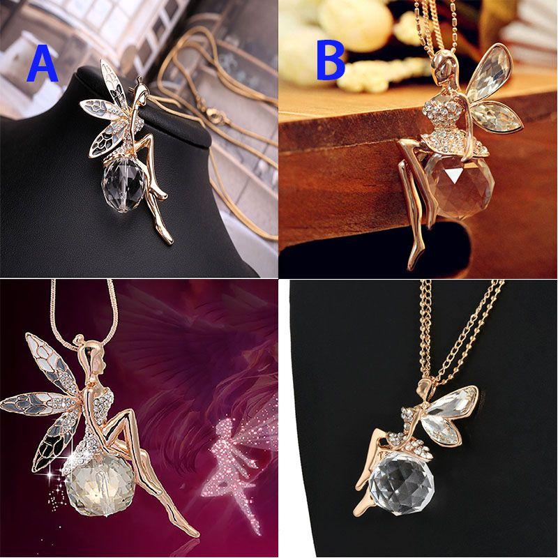 Elegant Fashion Women Crystal Fairy Angel Wing Pendant Long Chain Necklace Gift