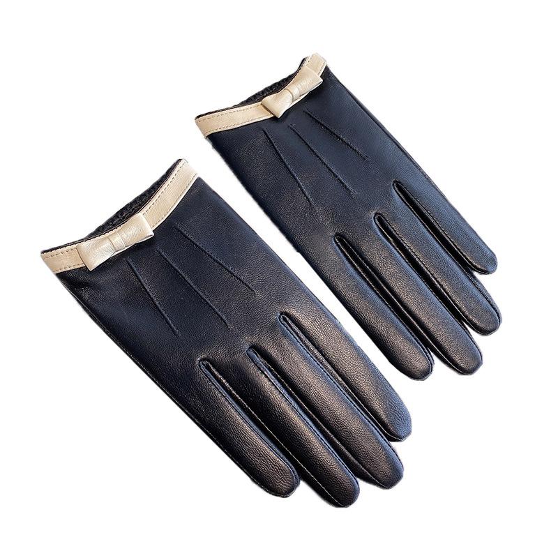 Black Simple Women Gloves Lambskin Leather Driving Gloves Fashion Bow Riding Fall Windproof Winter Warm Comfortable Gloves