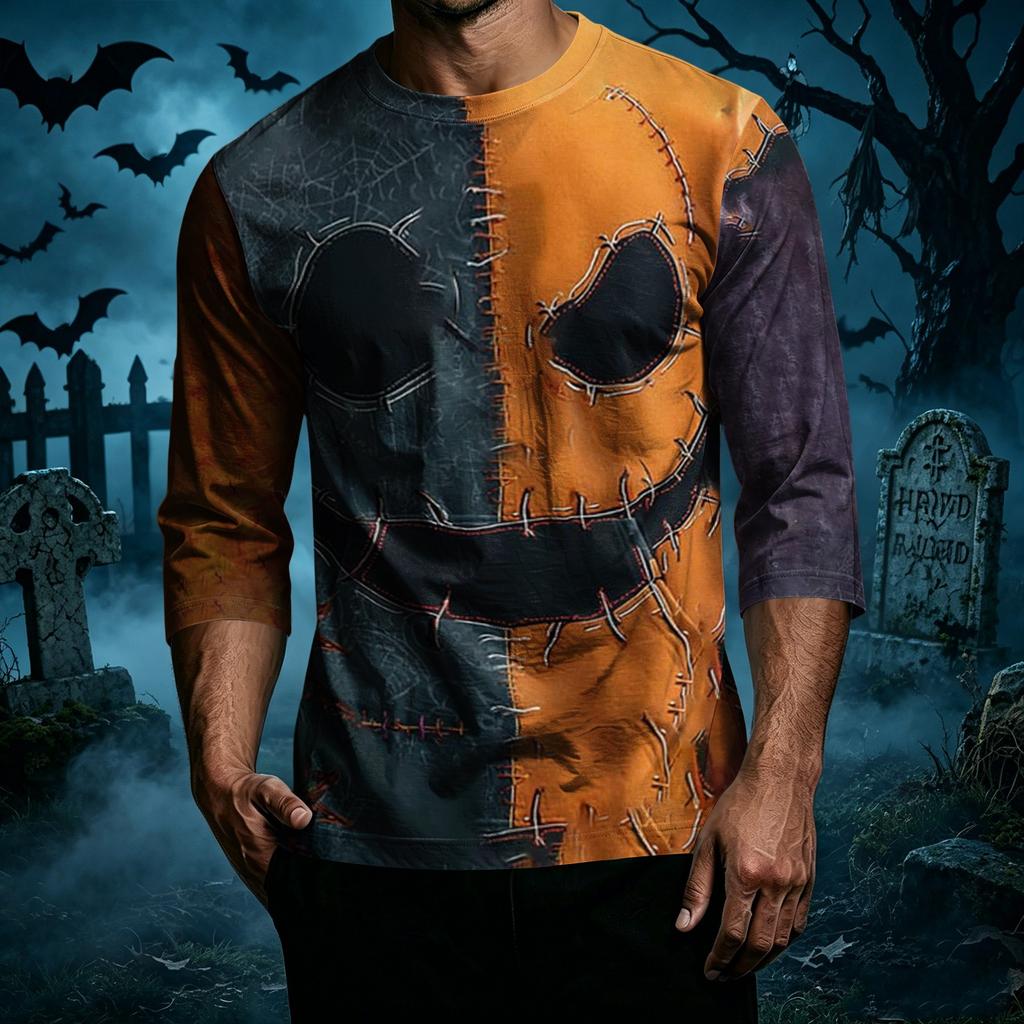 Men's Casual Halloween Print Patchwork Crew Neck T Shirt Three Quarter Sleeve Top Comfortable Fit Lightweight Fabric