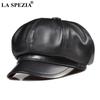 LA SPEZIA Genuine Leather Men Women Newsboy Cap Sheepskin Mens Beret Vintage High Quality Male Female Black Octagonal Cap