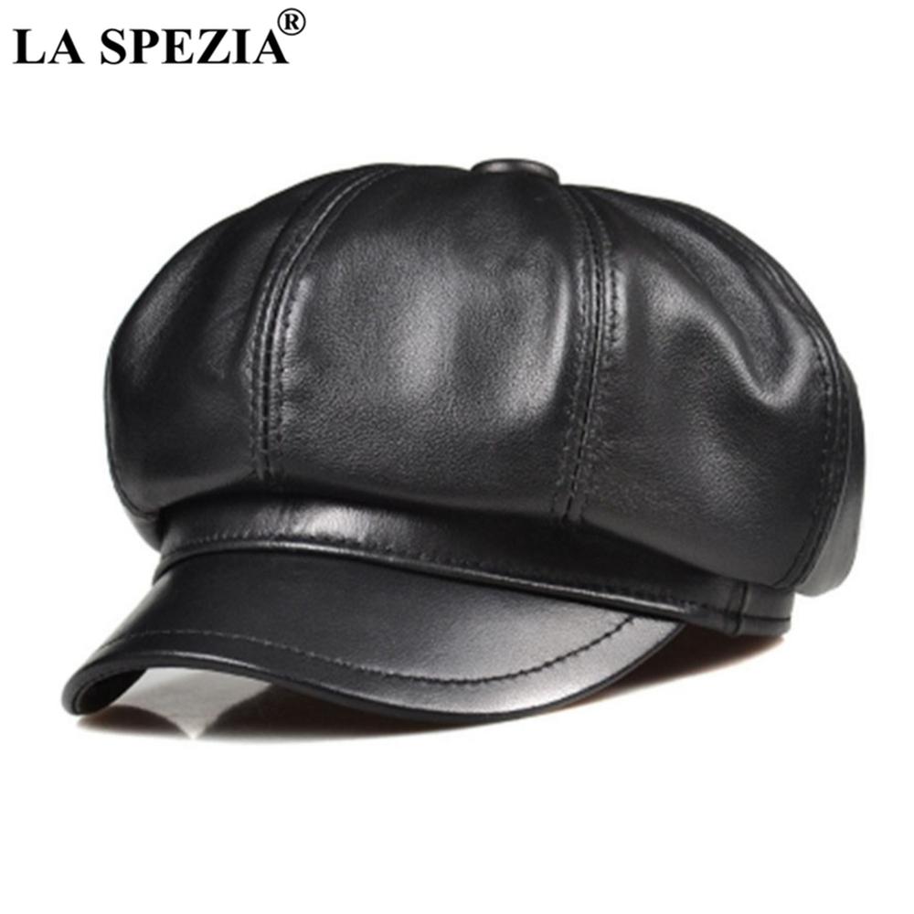 LA SPEZIA Genuine Leather Men Women Newsboy Cap Sheepskin Mens Beret Vintage High Quality Male Female Black Octagonal Cap